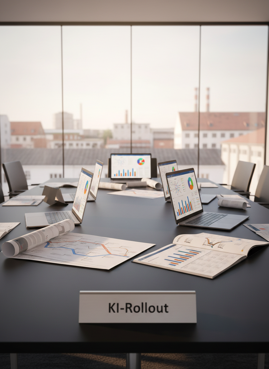 A sleek, glass-walled conference room dominated by a large matte-black table, its surface neatly arranged with open laptops displaying colorful AI dashboards, printed strategy roadmaps, and a single metallic desk plaque engraved with “KI-Rollout”. Floor-to-ceiling windows reveal a blurred cityscape of midsize industrial buildings, suggesting German Mittelstand. Soft, diffused daylight washes into the room, creating gentle reflections on the glass partitions and subtle shadows along the table’s edge. Photographic realism, eye-level composition with a slight wide-angle lens to emphasize space and clarity. The mood is professional, focused, and optimistic, highlighting a clean, modern environment ready for data-driven decision-making and practical AI implementation, with a shallow depth of field keeping the foreground in crisp detail and the background softly out of focus.