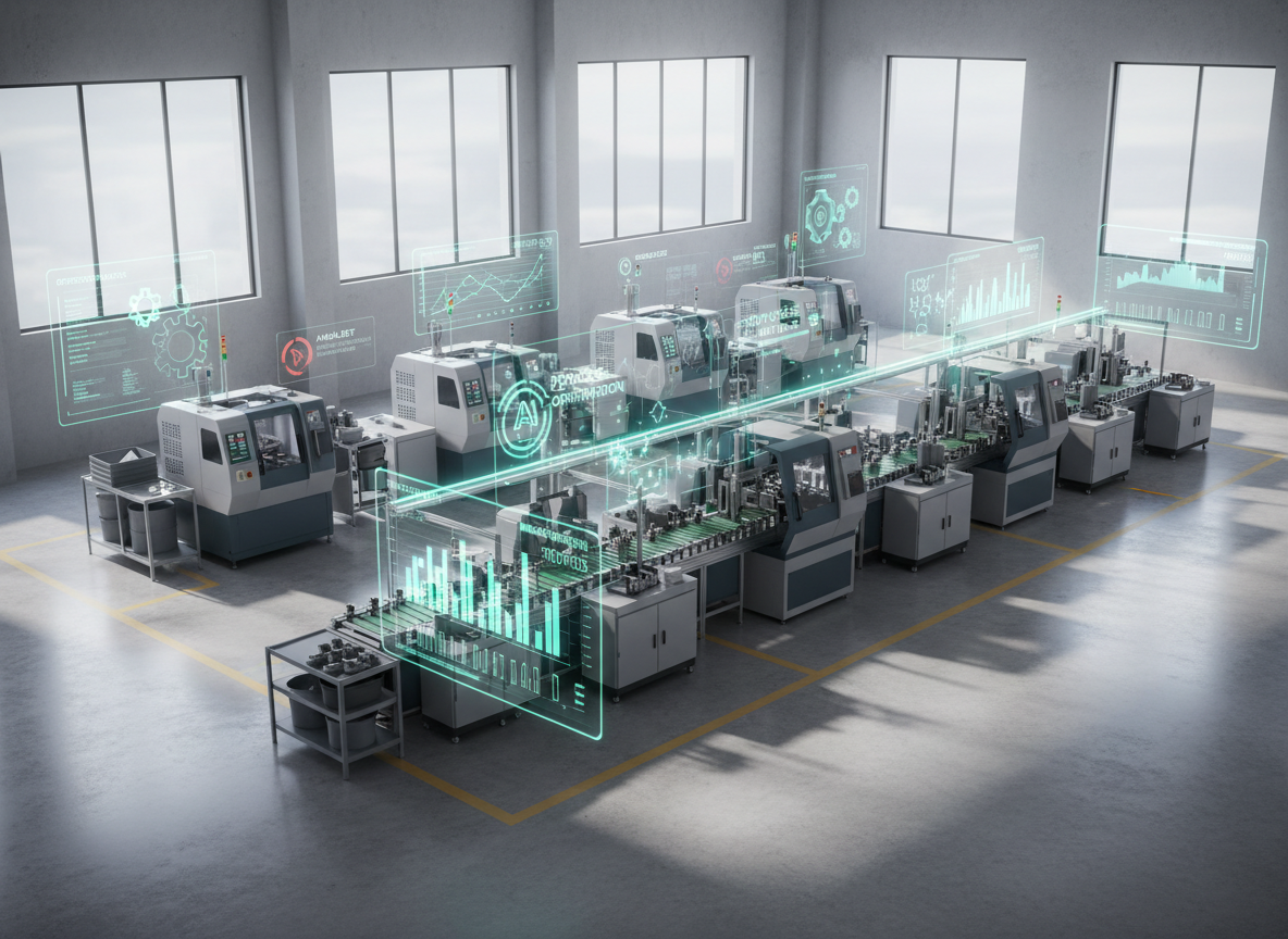 An elegant, medium-sized manufacturing hall interior without any people, showcasing a clean production line partially overlaid with transparent holographic-style graphics representing AI monitoring: floating charts, anomaly alerts, and process optimization icons hovering above machines. The hall features polished concrete floors, neatly arranged machinery in neutral grays and blues, and large windows high on the walls letting in soft, indirect daylight that creates long, gentle shadows. Photographic realism with subtle futuristic UI overlays, shot from an elevated corner perspective to capture both depth and structure of the hall. The mood is efficient, forward-looking, and trustworthy, illustrating how AI seamlessly supports Mittelstand production without disrupting existing processes, in a calm, ordered, and highly professional atmosphere.
